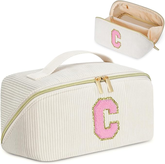 DTBG Personalized Initial Makeup Bag, Valentine's Day Gifts for Girls,Preppy Bag Cosmetic Travel Bag Women,Travel Toiletry Organizer,Large Capacity Corduroy Stuff Bag,Cute Cosmetic Pouch Skincare Bag