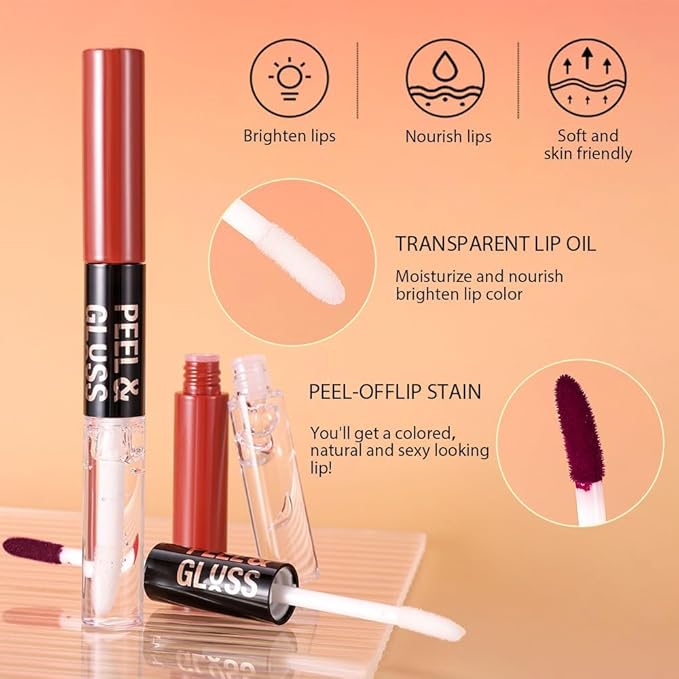 IATMOMOD 2Pcs Peel off Lip Stain Lip Oil Dual Ended Combo Set with Tweezer, 2 in 1 Brown & Maroon Lips Liner Stain Oil Long Lasting Waterproof, High Pigmented Flawless Lips Tint Stick Not Faded
