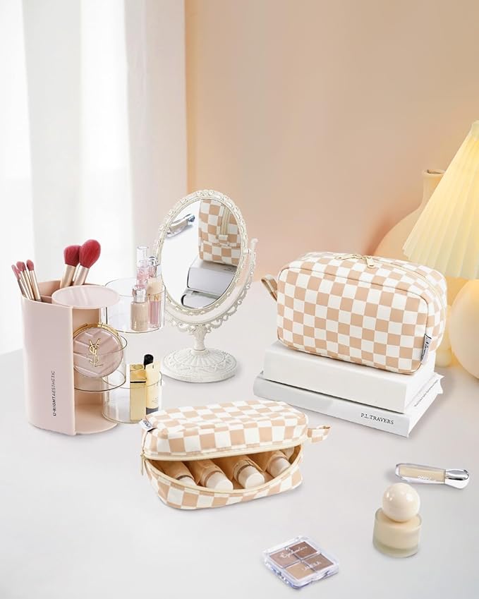 Narwey Checkered Makeup Bag Travel Cosmetic Bag Organizer, Toiletry Bag Make Up Bags with Organized Pockets for Women (Light Checkerboard, Large)