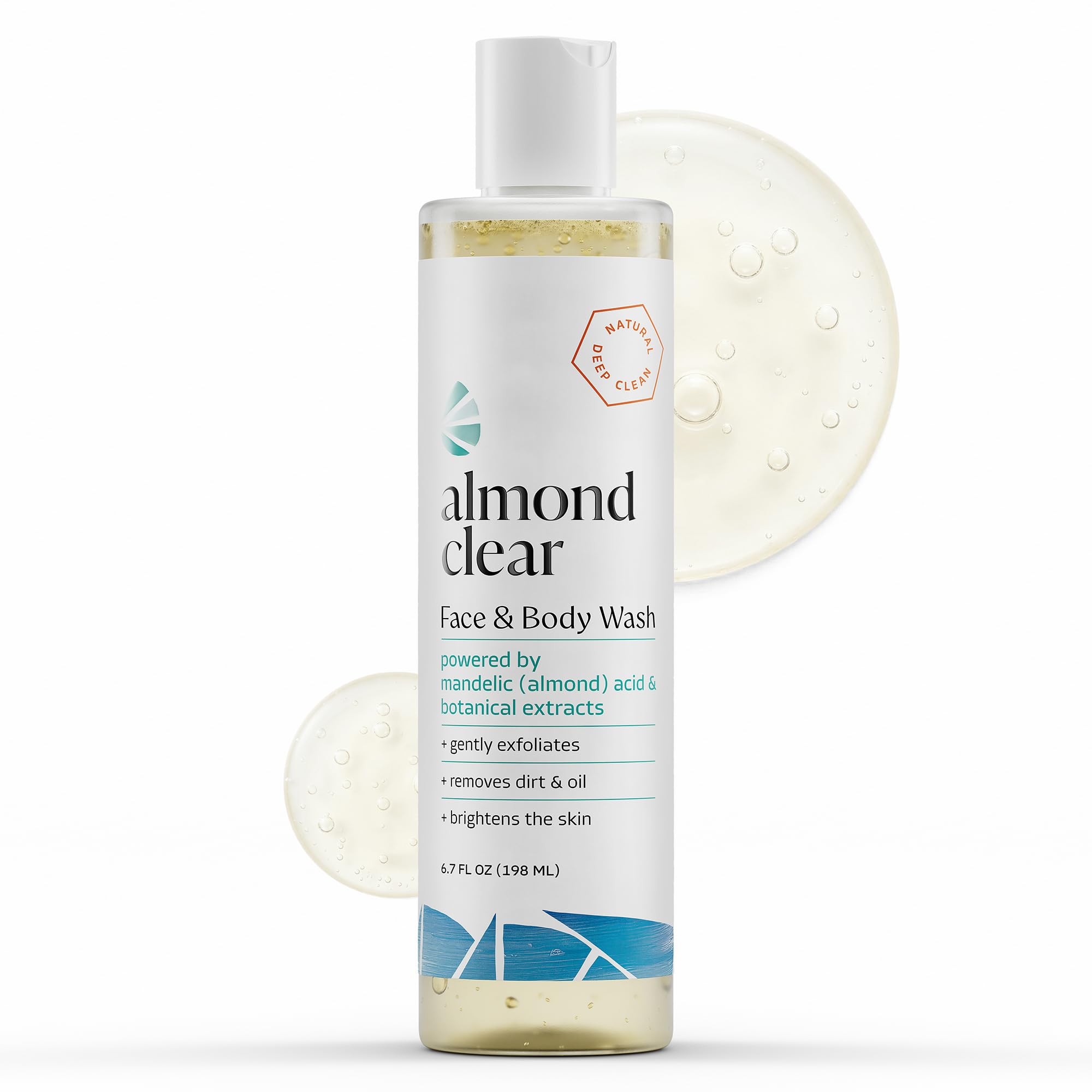 Almond Clear Face & Body Wash [6.7 Fl Oz] Skin Care for Acne and Folliculitis-Prone Skin - Gentle Everyday Exfoliating Cleanser with Mandelic Acid and Botanicals