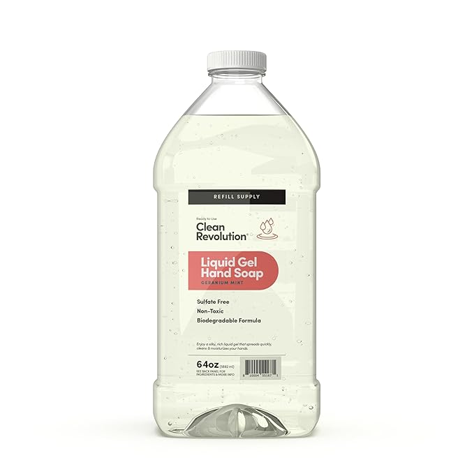 Clean Revolution Liquid Gel Hand Soap Refill with Real Essential Oils – Sulfate-Free Gel Hand Wash, Moisturizing Bulk Refill, Non-Toxic Formula, Made in the USA (Geranium Mint) 64 Fl Oz