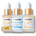 mivida Anti-Aging Serum Trio| 20% Vitamin C + Hyaluronic Acid + 2.5% Retinol Serums For Face | Brightening & Hydrating Skincare Set | Reduces Wrinkles & Fine Lines 3x1floz