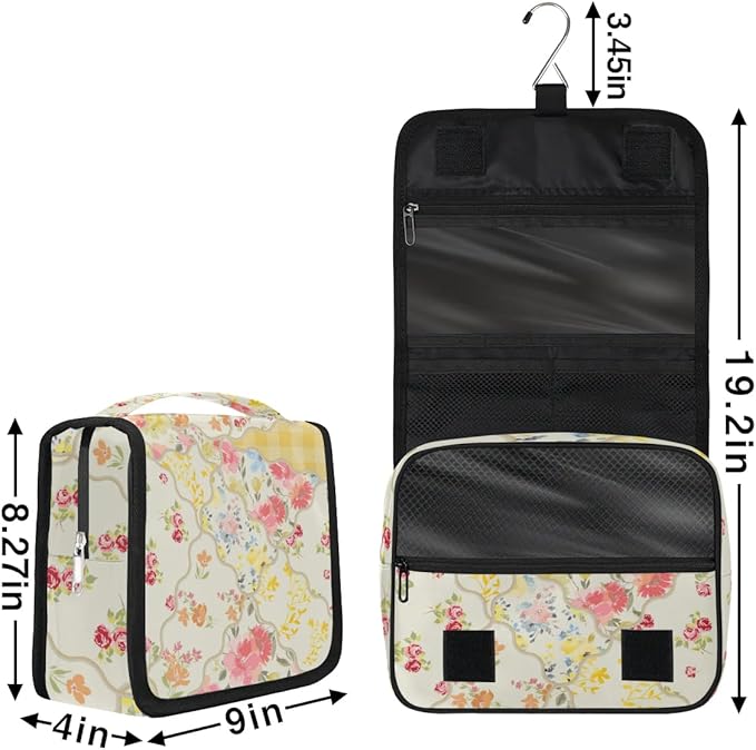 OMFUNS Yellow Flower Travel Toiletry Bag with Hanging Hook for Women and Girls, Rose Floral Cosmetic Makeup Case Organizer for Accessories, Shampoo, Full Sized Container, Toiletries