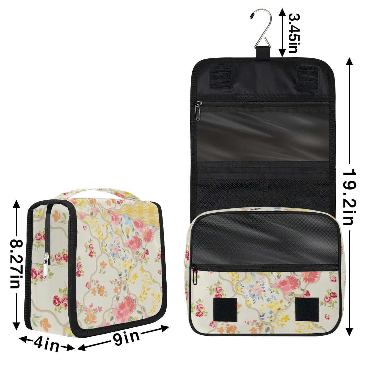 OMFUNS Yellow Flower Travel Toiletry Bag with Hanging Hook for Women and Girls, Rose Floral Cosmetic Makeup Case Organizer for Accessories, Shampoo, Full Sized Container, Toiletries