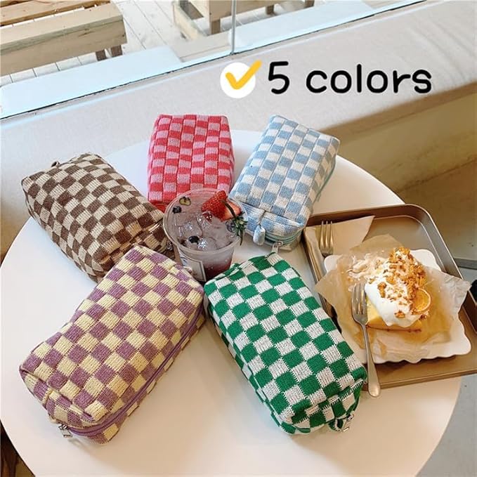 Checkered Makeup Bag for Purse, Small Travel Cosmetic Pouch,Coffee,2 Pack