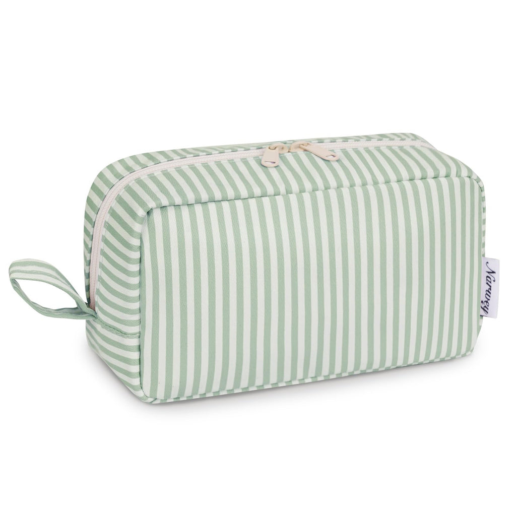 Narwey Cute Makeup Bag Small Toiletry Bag Travel Cosmetic Bag Organizer Make Up Bags with Organized Pockets for Women (Mint Green Stripe, Large)