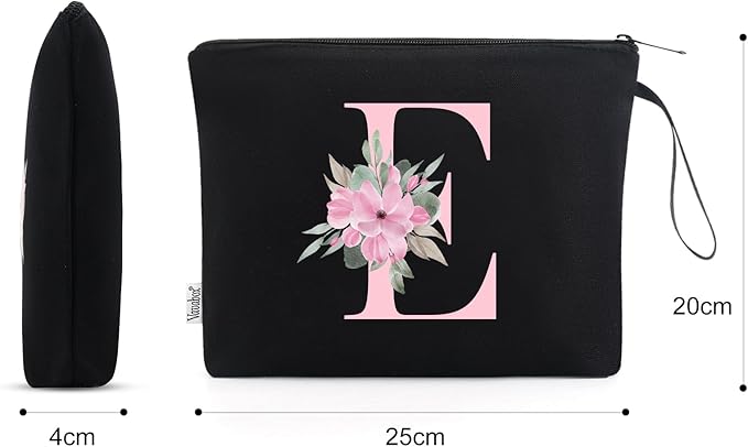 Vavabox A-Z Personalized Makeup Bag, Birthday Gifts for Women Mom, Gifts for Best Friend, Bride Bridesmaid Cosmetic bag (E, 02-Black)