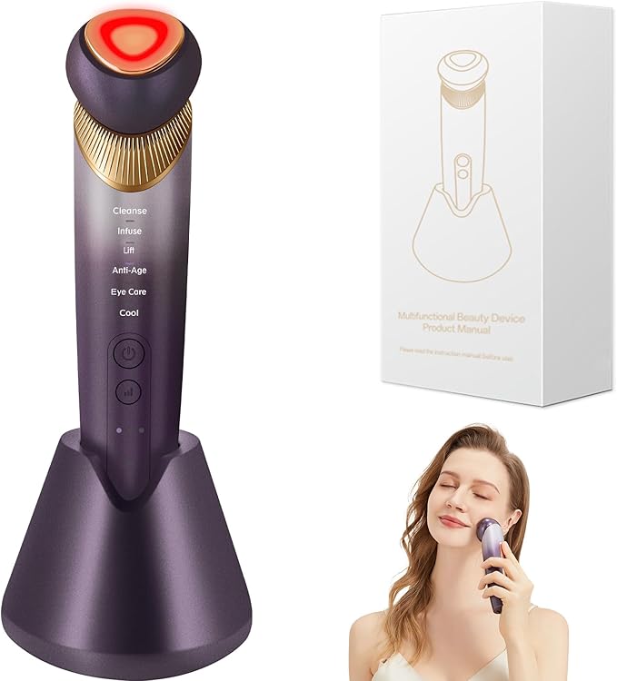 Yuonry 6-in-1 Age-Defying - Eye, Face & Neck Lift & Firm, 5-Color Light Therapy for Face with Microcurrent, Vibration, Heat & Cooling, Skin Care Tool for Youthful & Tightening Skin (Purple)