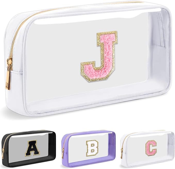 UIXIZQ Personalized Initial Letter Clear Makeup Bag,Preppy Small Nylon&PVC Cosmetic Zipper Bag with Chenille Letter,Travel Skincare Toiletry Bag,Monogram Christmas Gift for Teen Girls Women,J