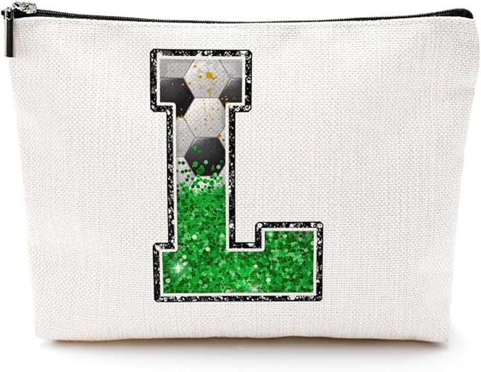CQM Soccer Gifts Initial Makeup Bag Soccer Girl Gifts Cosmetic Bag Letter L