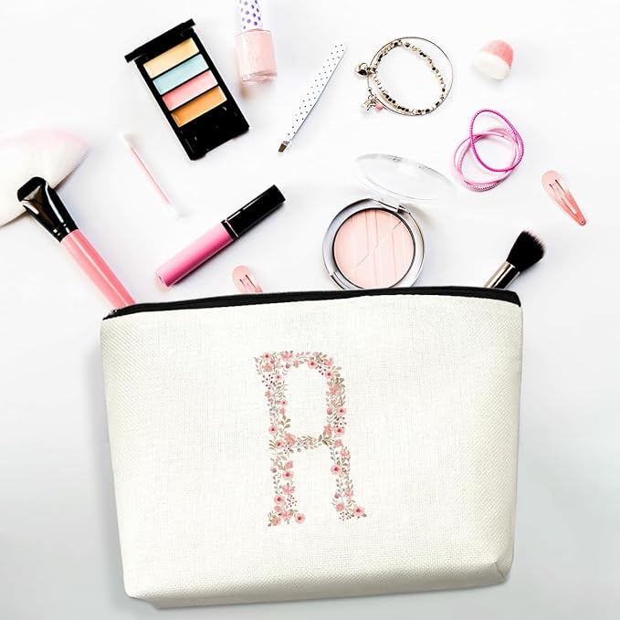 Initial Makeup Bag Floral R Personalized Cosmetic Bag Monogrammed Gifts for Women Girls Bride Bridesmaid Monogram Zipper Pouch for Teacher Appreciation Mothers Day Birthday Wedding Bridal Shower Gifts