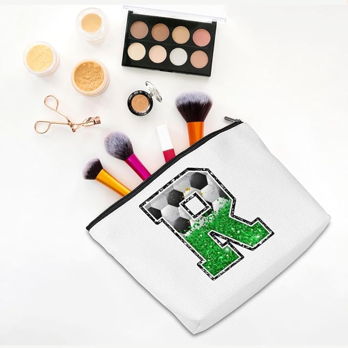 CQM Soccer Gifts Initial Makeup Bag Soccer Girl Gifts Cosmetic Bag Letter R