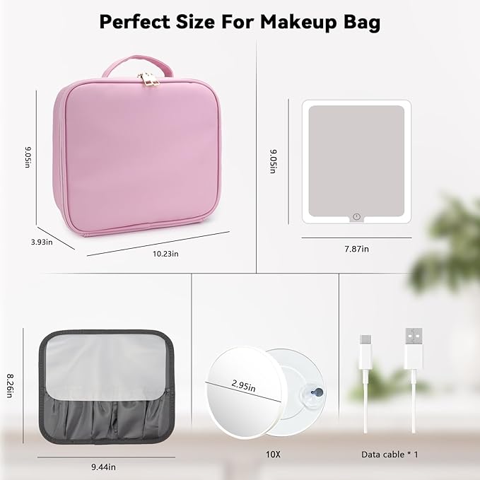 SLUMAZI Travel Makeup Bag with LED Mirror and 10x magnifying glass with 3 Lighted Settings, Adjustable Dividers and Makeup Brush Storage Bag Light Pink