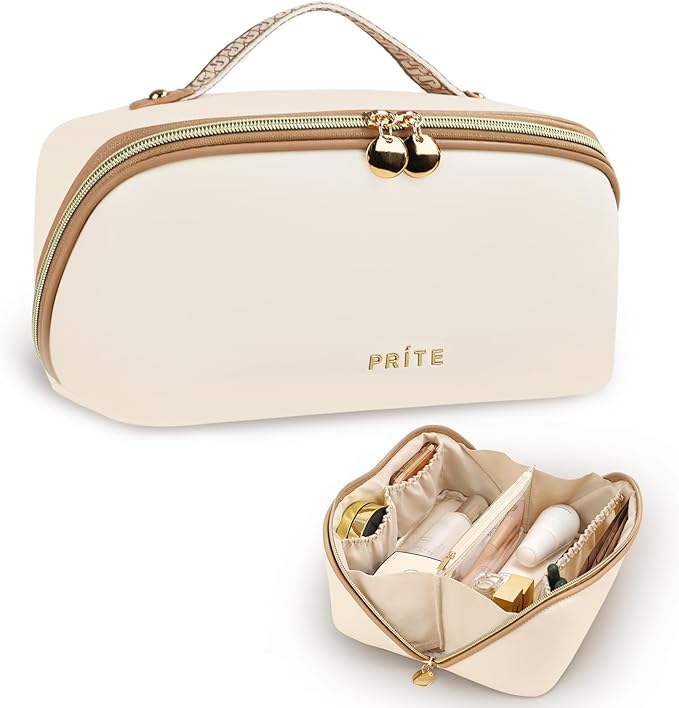 Prite Makeup Bag Travel Toiletry Bag Open Flat Cosmetic Organizer for Women