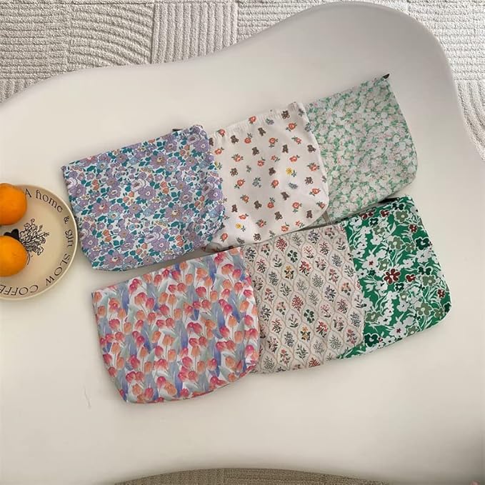 Flat Makeup Bag for Women,Zipper Cosmetic Pouch for Purse,Flower Bear White