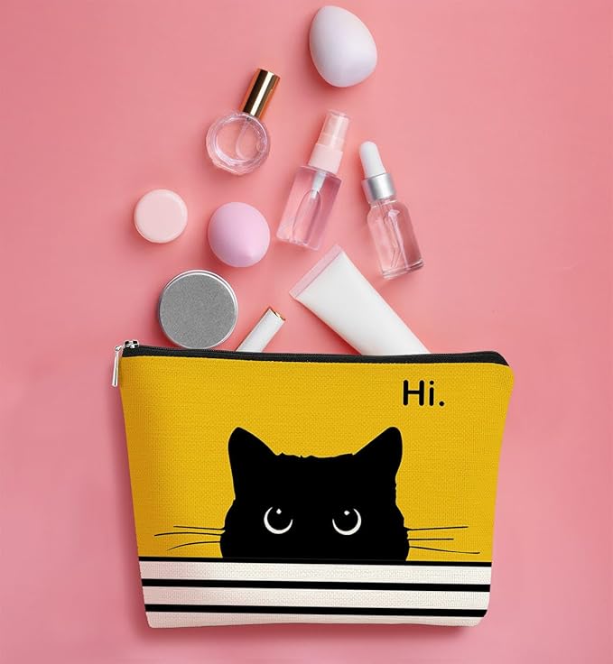 BARPERY Cat Makeup Bag - Small Cute Cosmetic Bag for Women & Teen Girls - Birthday & Cat Lady Gifts (Black, Yellow)