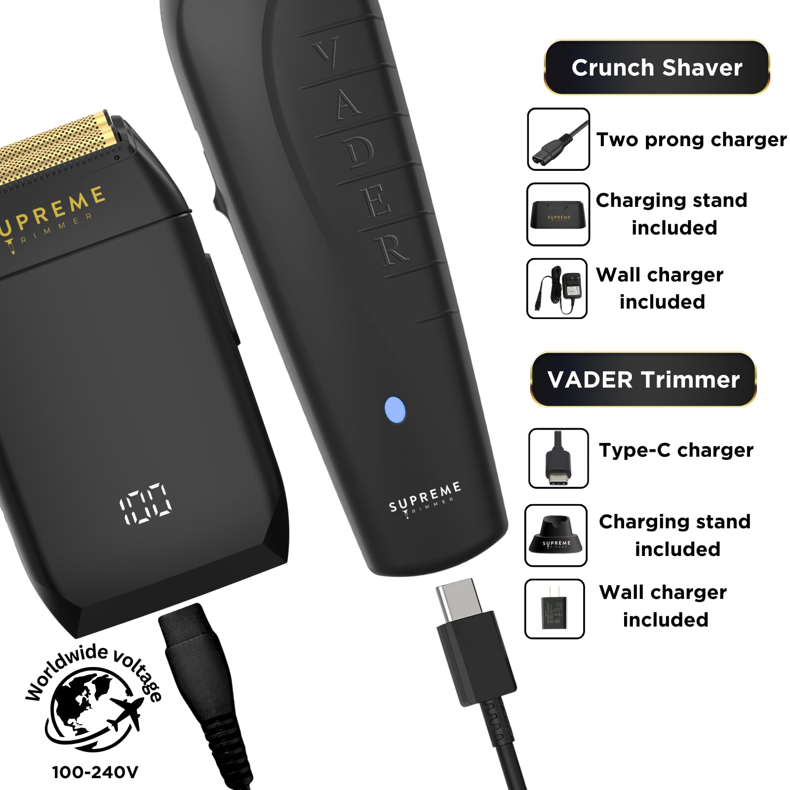 Supreme Trimmer Vader Trimmer & Crunch Foil Shaver Barber Haircutting Kit | Professional DLC T-Blade Beard Trimmer ST3778 & STF602 Waterproof IPX6 Shaver Set | (Black)