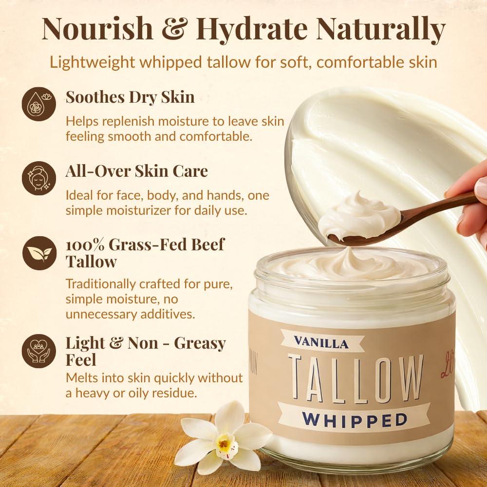 Lady May Tallow Whipped Tallow 9oz - All Natural Face Cream + Whole Body Moisturizer for Dry Skin - Made With Scented Oil Blend - No Preservatives, Parabens or Seed Oils - USA Made (Vanilla)