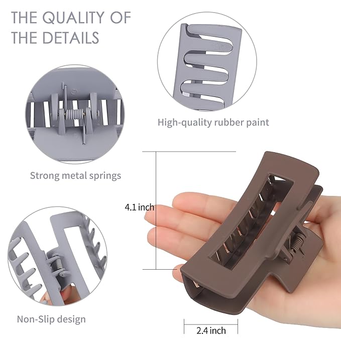Sisiaipu 4 Inch Big Hair Claw Clips 6 Pcs Large Claw for Thick Hair Square Hair Clips for Women Rectangle Hair Clips Nonslip Acrylic Banana Jaw Clips Hair Accessories for Girls (Brown Grey)