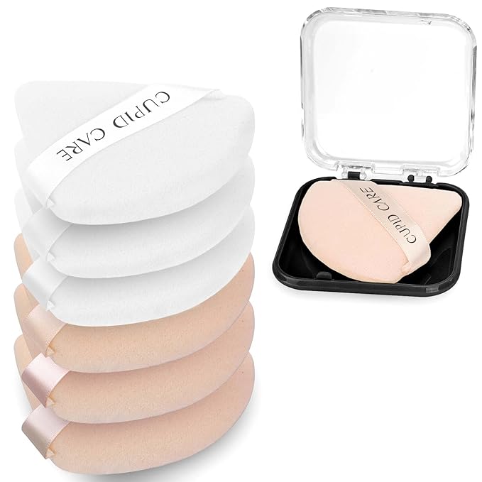 CUPID CARE 6 Pcs Triangle Powder Puff with 2 Travel Cases, Setting Powder Puffs for Face Powder and Foundation, Velour Makeup Puff for Loose Powder Body Powder, Skin-Friendly, Beauty Makeup Tools