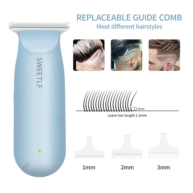 SWEETLF Hair Clippers, Silent Cordless Hair Trimmer, Mini Hair Cutting Kit with 3 Guide Combs, Portable & USB Rechargeable Haircut Clippers for Men Women Kids (Blue)