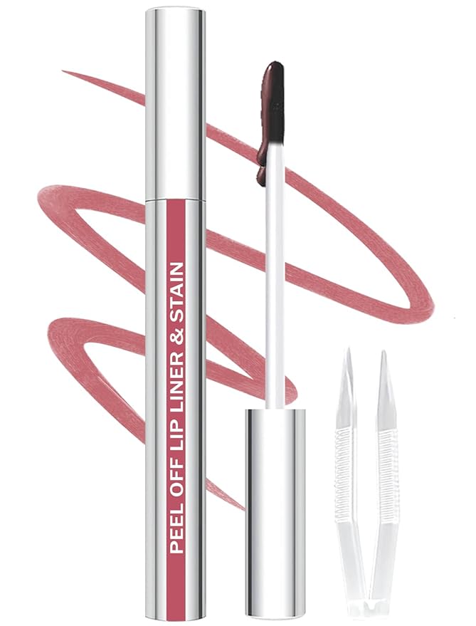 QCMME Lip Liner Stain Peel Off with Tweezer, Long Lasting Matte Lip Tattoo, Highly Pigmented Color Lip Makeup, Waterproof, Transfer-proof Lipstain for Women, Nude Pink