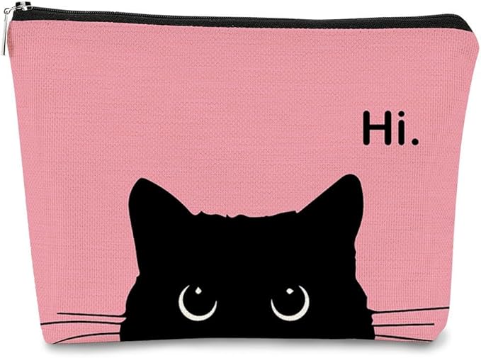 BARPERY Cute Cat Makeup Bag - Black & Pink, Small Cosmetic Bag for Women & Teen Girls, Birthday Gift for Cat Lovers & Owners