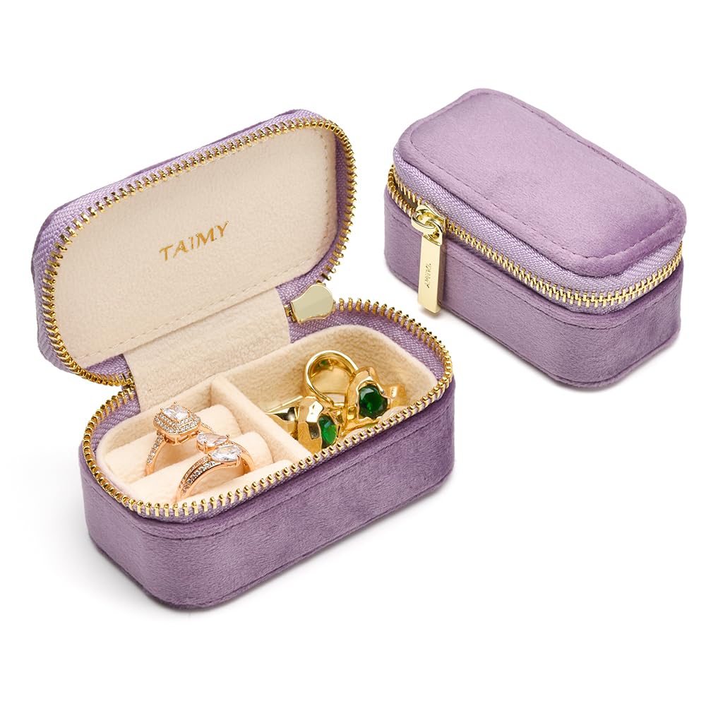 TAIMY Small Travel Jewelry Case, Mini Tiny Plush Velvet Jewelry Box for Women and Girls, Pocket Size Jewelry holder organizer for Rings Earrings and Small Items(Lavender)