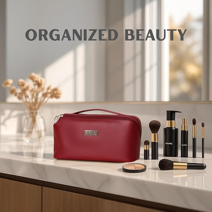 NAORI Travel Makeup Bag for Women | Large Luxury Cosmetic Organizer with Handle & Inner Pockets | Waterproof Faux LeatherToiletry Bag | Makeup Case for Home, Travel & Gifting (Classic Burgundy)