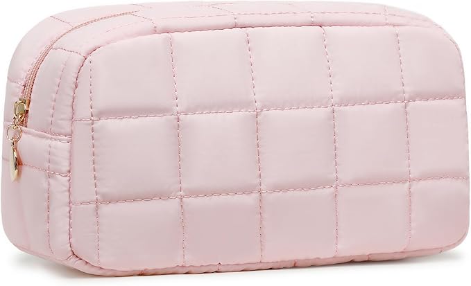 LOVELYWIND Makeup Bag, Quilted Puffy Travel Toiletry Bag with Compartments, Wide-Open Cosmetic Bag for Women, Pouch Purse Organizer, Pink