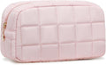 LOVELYWIND Makeup Bag, Quilted Puffy Travel Toiletry Bag with Compartments, Wide-Open Cosmetic Bag for Women, Pouch Purse Organizer, Pink