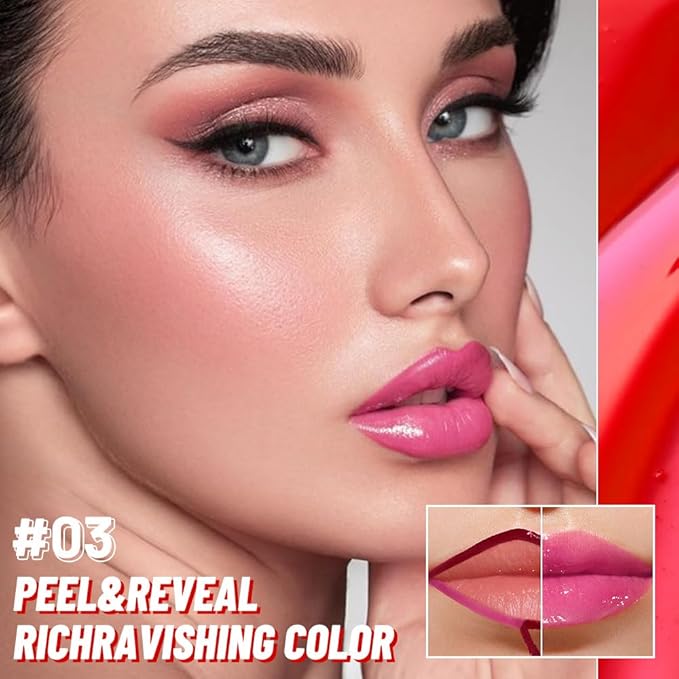 JUAAZIN Lip Stain Peel Off Lip Gloss oil Dual-Ended Combo, Raspberry Peach Lips Liner Stain Peel Off Tattoo, Long Lasting & Waterproof, Transfer-Proof Lip Tint Stain with Lip oil for All Skin Type 03#