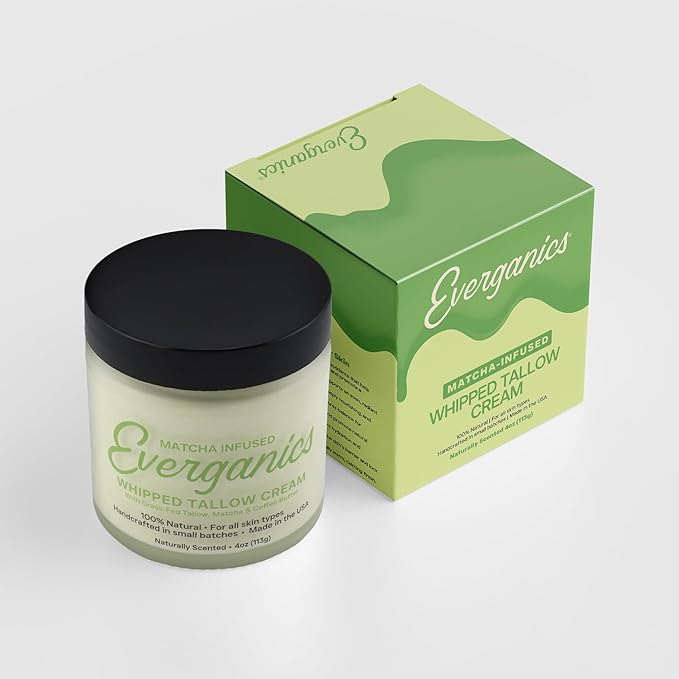 Everganics | Organic Matcha-Infused Whipped Tallow Cream for Skin | Grass-Fed Beef Tallow Natural Moisturizer for Face & Body | Made in USA | 4 oz (Large Size)