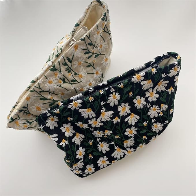 Flat Makeup Bag for Women,Zipper Cosmetic Pouch for Purse,Daisy Black