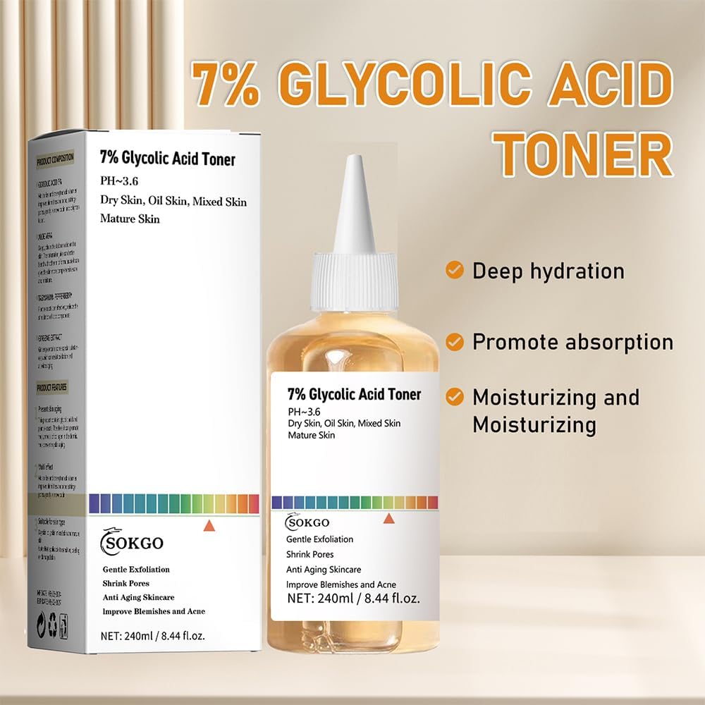 7% Glycolic Acid Exfoliating Toner, Exfoliating Facial Toner, Pore Minimizing Toner, Smooth Skin, Even Tone, Hydrating Formula
