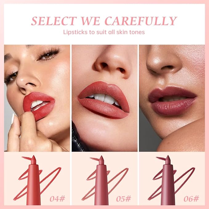 K16 Hxssll 12 Colors Matte Lip Liner Pencil – Long Lasting Waterproof Lip Liner, Smudge Proof Transfer Proof Lip Pencil, High Pigment Lip Makeup for Defining & Filling Lips (A3-set:04+05+06, 3PCS)