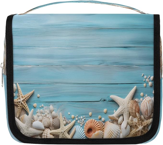 YoYoYuchong Travel Toiletry Bag for Women & Men Ocean Blue Starfish Hanging Cosmetic Organizer Portable Waterproof Makeup Case Make Up Bag with Compartments Travel Essentials for Bathroom Shower