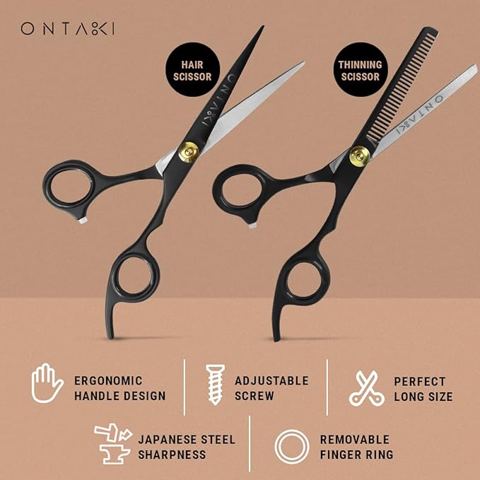 Ontaki Hair Scissors & Thinning Shears Kit - 7" Black, Japanese Steel