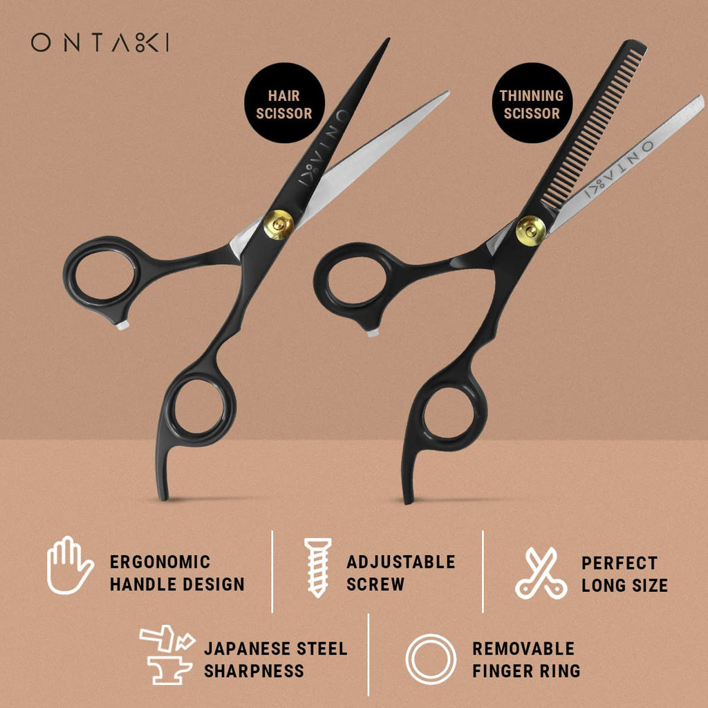 Ontaki Hair Scissors & Thinning Shears Kit - 7" Black, Japanese Steel