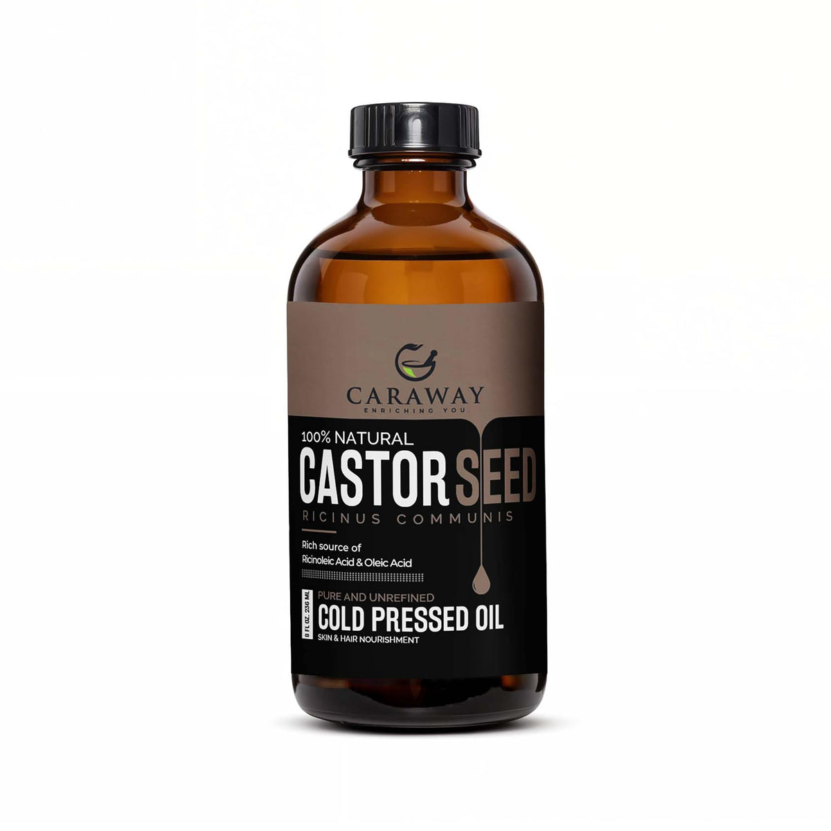 CARAWAY Jamaican Black Castor Oil for Hair Growth, Eyelashes & Eyebrows | Organic, Cold-Pressed & Unrefined | Deep Moisturizing Oil for Skin, Face & Scalp | Glass Bottle + Mascara Kit – 4 oz / 118 ml
