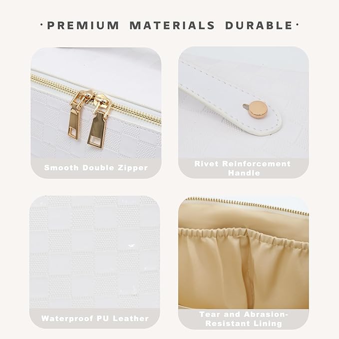 JINYIBAGS Travel Makeup Bag – Large Cosmetic Organizer with Waterproof PU Leather, Smooth Double Zipper & Tear-Resistant Lining, Toiletry Pouch for Women (White)