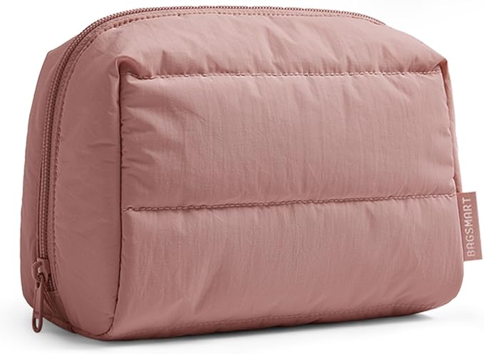BAGSMART Puffy Makeup Bag, Wide Opening Cosmetic Organizer, Soft Water-Resistant Travel Toiletry Pouch for Women for Purse, Compact & Spacious