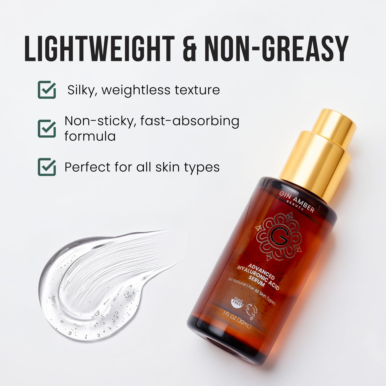 Gin Amber Beauty Hyaluronic Acid Serum - Hydrating Facial Serum, 1 fl oz