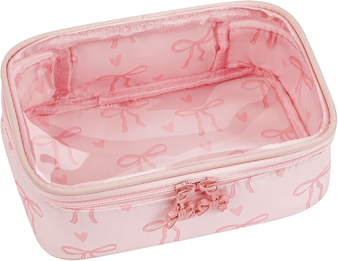 RSRSLEII Cute Clear Makeup Bag with Bow Patten,Transparent Nylon Travel Cosmetic Case with Zipper,Portable Makeup Organizer Pouch for Essentials(04Pinkbow-pink)