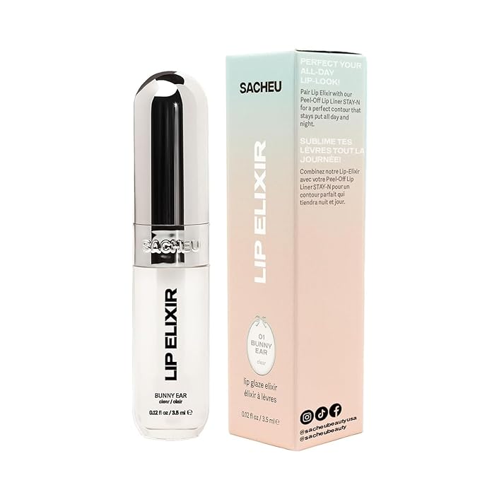 Sacheu Lip Elixir Hydrating Lip Gloss, High-Shine, Clear & Sheer Pink