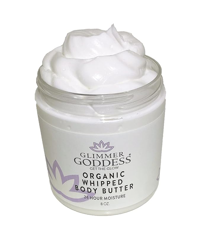 Glimmer Goddess Organic Whipped Body Butter for Women - Moisturizer Cream with Shea & Cocoa Butter, Almonds & Coconut Oil - Rose Geranium Lavender, 8oz