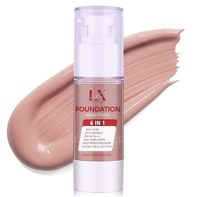 LXSKN 6-in-1 Makeup Infused with 1% Hyaluronic Acid- Matte + Poreless Liquid Foundation For A Glowing & Soft-Focus Look, Suitable for All Skin Types (301 Medium, Moisturizing Foundation)