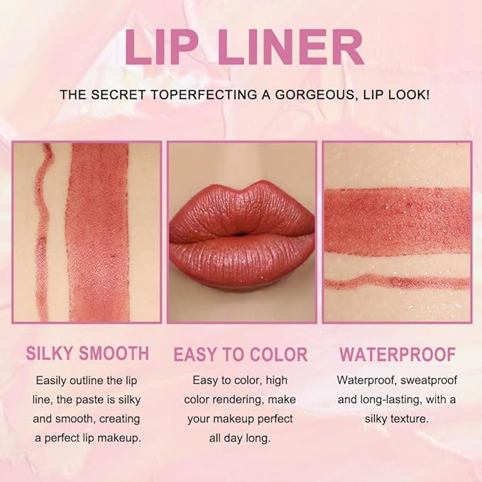 HHLTOH 2-in-1 Rose Gold Lip-Gloss Lip Liner & Lipstick Set Kit for Women, Matte Lips Kit with Lip Liner Lip Stains Long Lasting Waterproof 24 Hour Lipstick and Lip Liners Combo Lipliners Pencil Set 07
