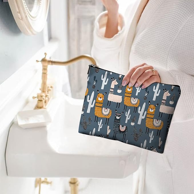 Givotin Cute Makeup Bag for Purse Canvas Waterproof Funny Cosmetic Bags for Women Zipper Travel Toiletry Pouch-Alpaca Makeup Bags-Grey