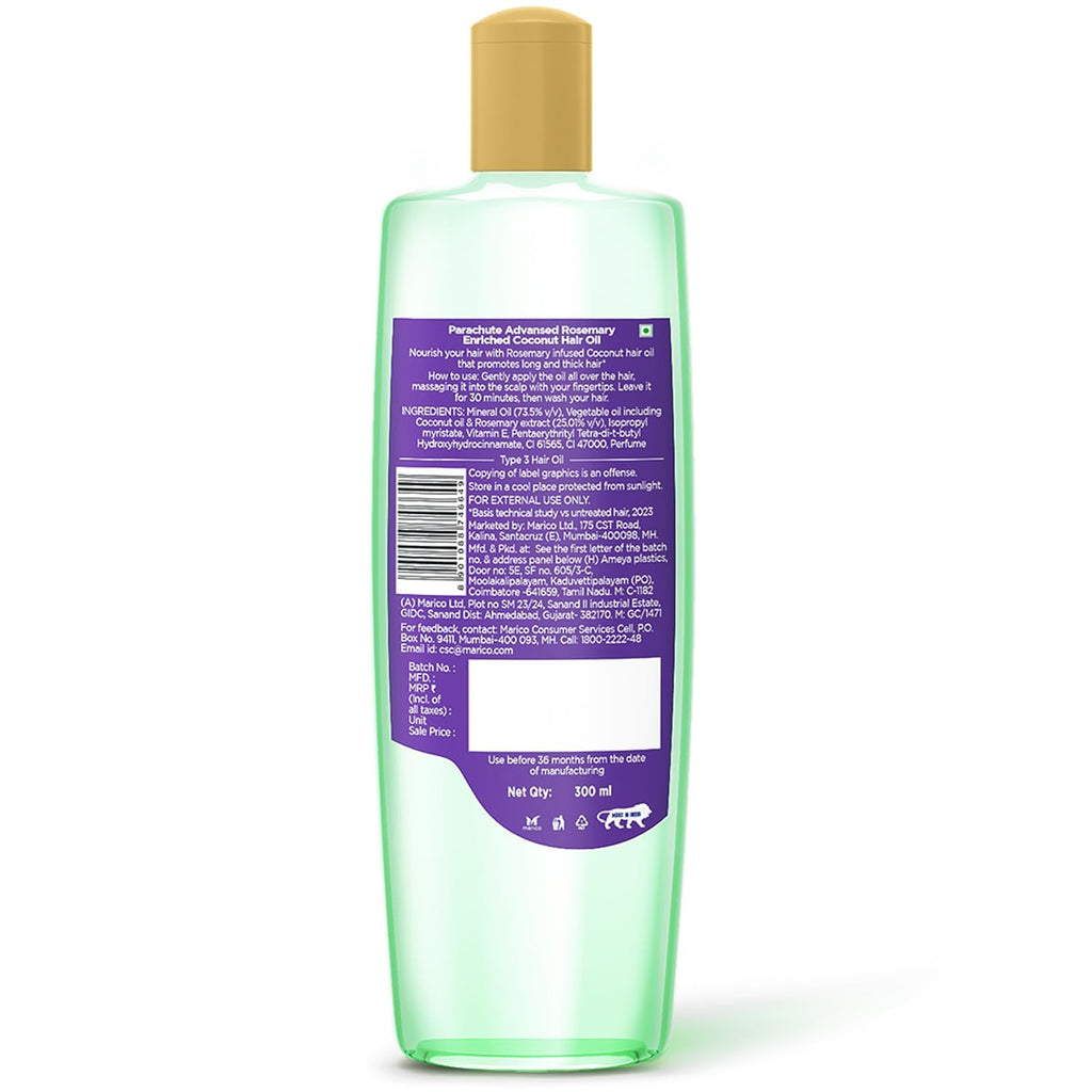 Parachute Advansed Rosemary Hair Oil with Coconut| For 2x Longer & Thicker Hair| Reduces Hairfall & Strengthens Hair| All Hair Types|No Parabens & Silicones| 10.1 Fl.oz.